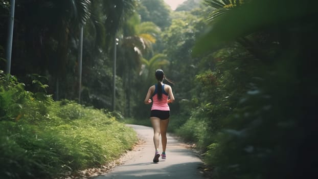 Athletic young woman running in morning foggy forest, healthy lifestyle concept. Neural network generated in May 2023. Not based on any actual person, scene or pattern.