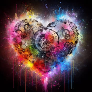 a color explosion of paint render a steampunk geared poly transparent heart - love concept generative ai art