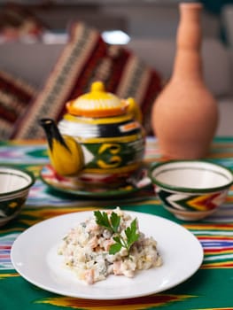 Olivier salad according to the Russian recipe. Asian style. High quality photo