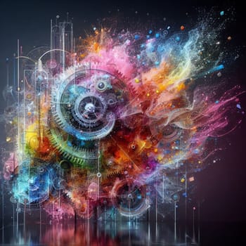 a color explosion of paint render a steampunk geared poly transparent heart - love concept generative ai art
