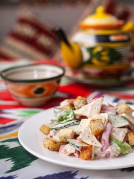 Malibu salad with crab sticks and croutons, feta cheese and vegetables. Asian style. High quality photo