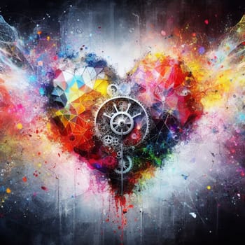 a color explosion of paint render a steampunk geared poly transparent heart - love concept generative ai art
