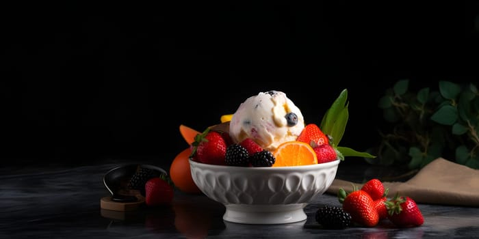 icecream with fresh fruits in a white ceramic bowl on black background, rich high contrast photorealistic image. Neural network generated in May 2023. Not based on any actual scene or pattern.