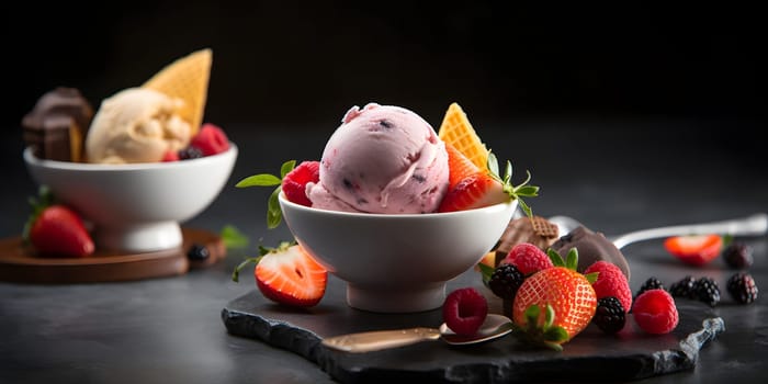 icecream with fresh fruits in a white ceramic bowl on black background, rich high contrast photorealistic image. Neural network generated in May 2023. Not based on any actual scene or pattern.