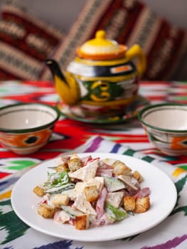 Malibu salad with crab sticks and croutons, feta cheese and vegetables. Asian style. High quality photo