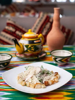 Malibu salad with crab sticks and croutons, feta cheese and vegetables. Asian style. High quality photo