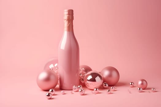 pink champagne bottle on pink background with some pink christmas tree balls. Neural network generated in May 2023. Not based on any actual scene or pattern.