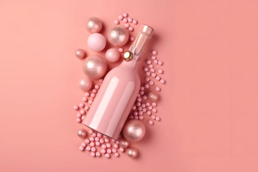 pink champagne bottle on pink background with some pink christmas tree balls. Neural network generated in May 2023. Not based on any actual scene or pattern.