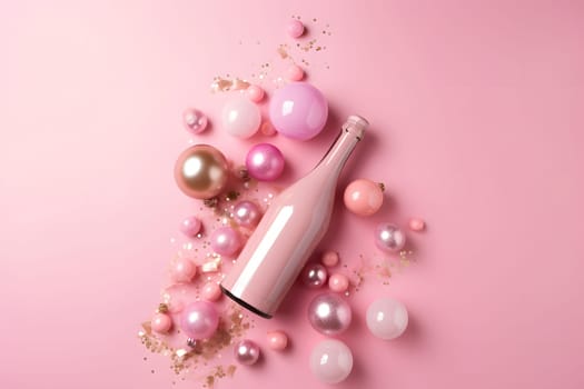 pink champagne bottle on pink background with some pink christmas tree balls. Neural network generated in May 2023. Not based on any actual scene or pattern.