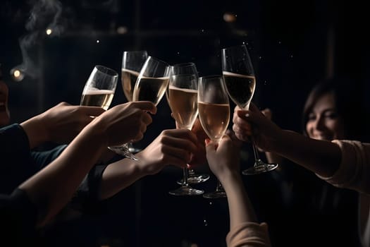 Many cheering caucasian women hands with champagne glasses on dark background. Neural network generated in May 2023. Not based on any actual person, scene or pattern.