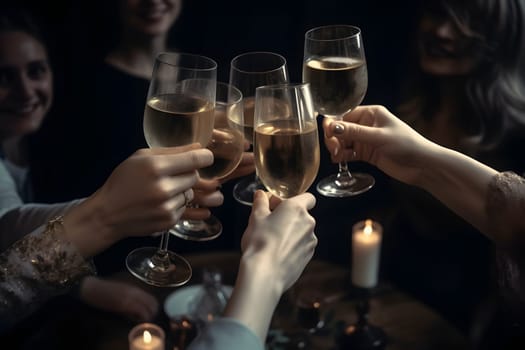 Many cheering caucasian women hands with champagne glasses on dark background. Neural network generated in May 2023. Not based on any actual person, scene or pattern.