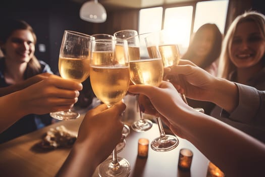 Many cheering caucasian women hands with champagne glasses on dark background. Neural network generated in May 2023. Not based on any actual person, scene or pattern.