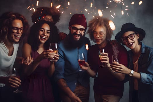 People together celebrating friends at generic party. Neural network generated in May 2023. Not based on any actual person, scene or pattern.