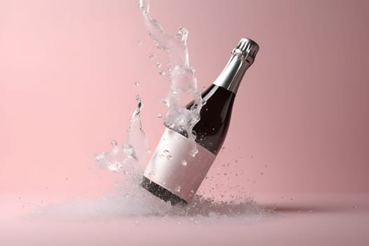 unopened bottle of champagne with splashes on pink background. Neural network generated in May 2023. Not based on any actual scene or pattern.