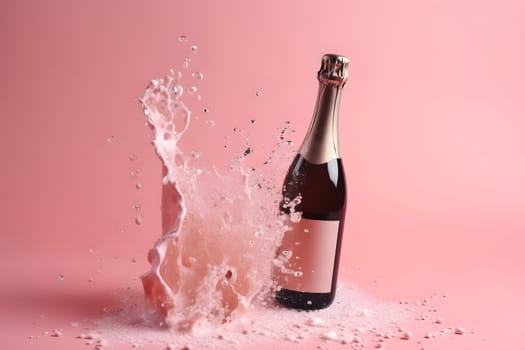 unopened bottle of champagne with splashes on pink background. Neural network generated in May 2023. Not based on any actual scene or pattern.
