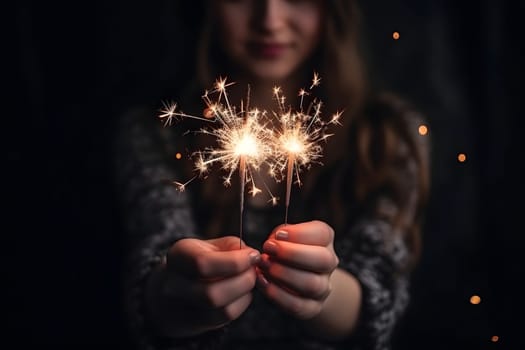 Amazing sparklers in female hands on dark background. Neural network generated in May 2023. Not based on any actual person, scene or pattern.