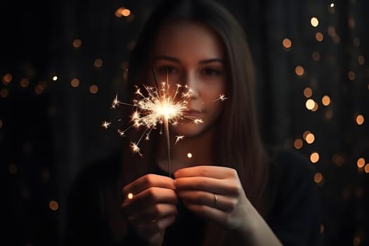 Amazing sparklers in female hands on dark background. Neural network generated in May 2023. Not based on any actual person, scene or pattern.