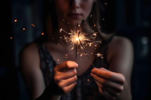 Amazing sparklers in female hands on dark background. Neural network generated in May 2023. Not based on any actual person, scene or pattern.