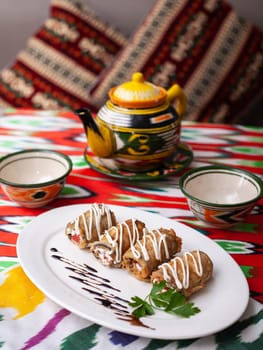 Fried eggplant rolls in breading stuffed with meat and vegetables. Asian style. High quality photo