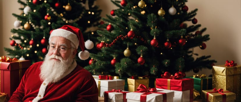 santa smiling in christmas with gifts and xmas tree, ai