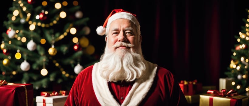 santa smiling in christmas with gifts and xmas tree, ai