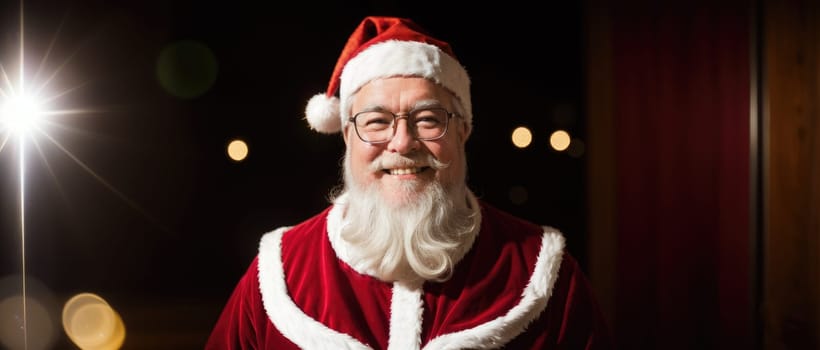 santa smiling in christmas with gifts and xmas tree, ai