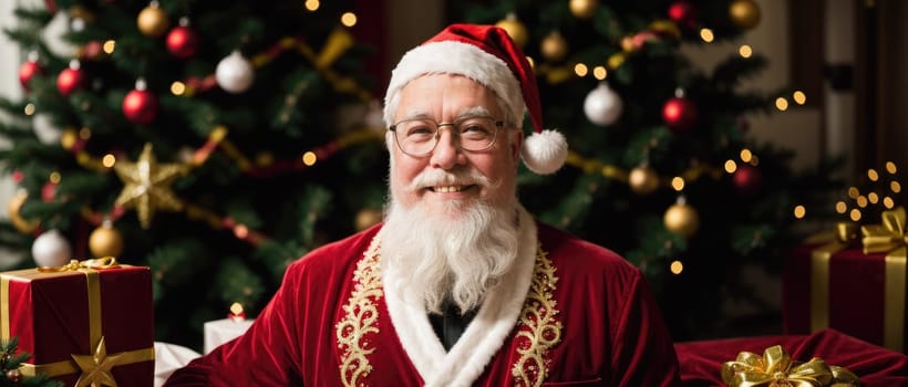 santa smiling in christmas with gifts and xmas tree, ai