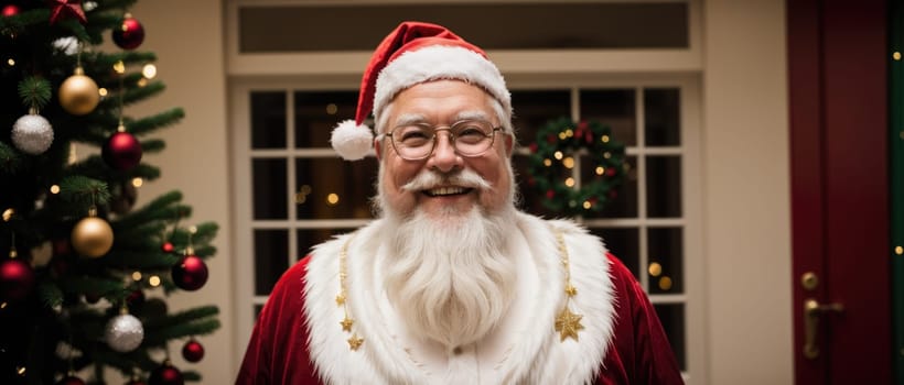 santa smiling in christmas with gifts and xmas tree, ai