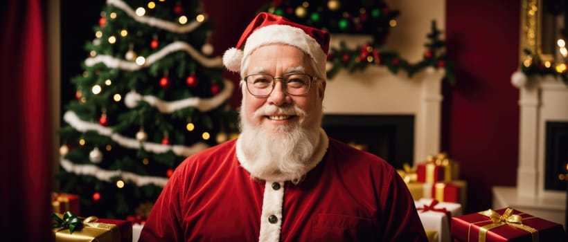 santa smiling in christmas with gifts and xmas tree, ai