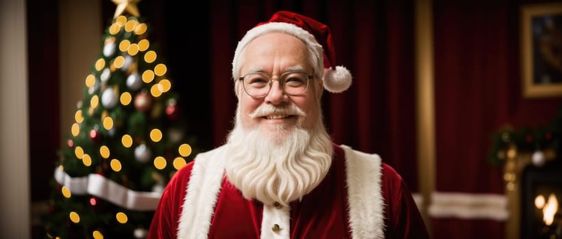 santa smiling in christmas with gifts and xmas tree, ai