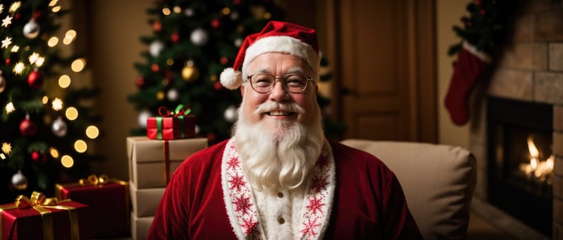 santa smiling in christmas with gifts and xmas tree, ai