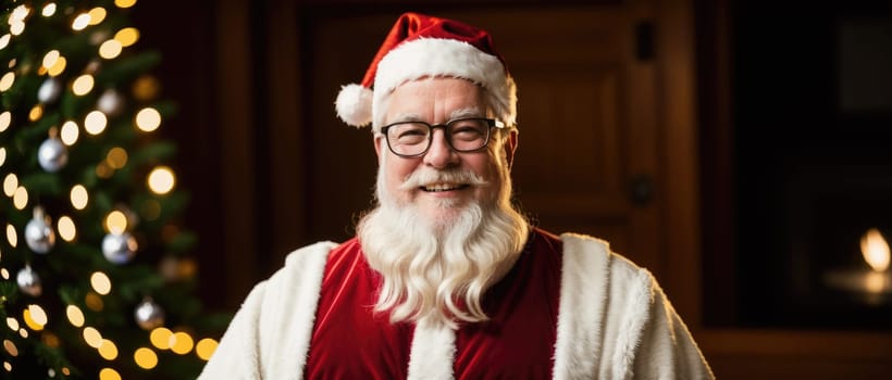 santa smiling in christmas with gifts and xmas tree, ai