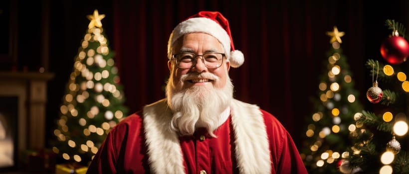 santa smiling in christmas with gifts and xmas tree, ai