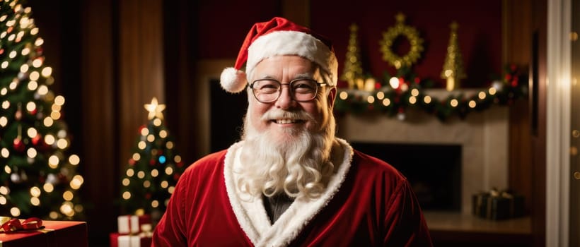 santa smiling in christmas with gifts and xmas tree, ai
