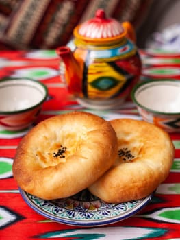 traditional Uzbek bread. Lepeshka - oriental style bread. Eastern cuisine. High quality photo