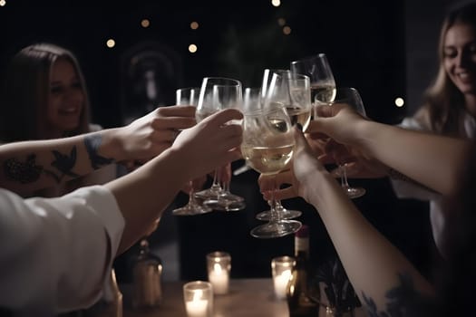Many cheering caucasian women hands with champagne glasses on dark background. Neural network generated in May 2023. Not based on any actual person, scene or pattern.