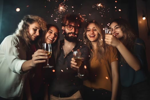 People together celebrating friends at generic party. Neural network generated in May 2023. Not based on any actual person, scene or pattern.
