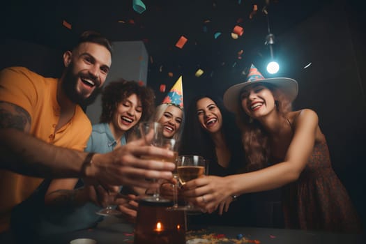 People together celebrating friends at generic party. Neural network generated in May 2023. Not based on any actual person, scene or pattern.