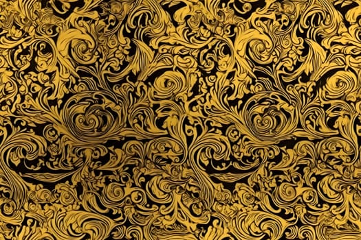 Background texture of ornate golden wallpaper. Neural network generated in May 2023. Not based on any actual scene or pattern.