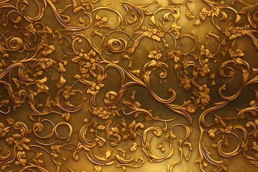 Background texture of ornate golden wallpaper. Neural network generated in May 2023. Not based on any actual scene or pattern.