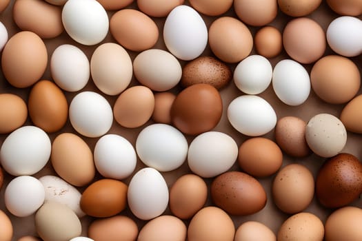 Seamless full-frame high angle view background and texture of piled white and brown chicken eggs. Neural network generated in May 2023. Not based on any actual scene or pattern.
