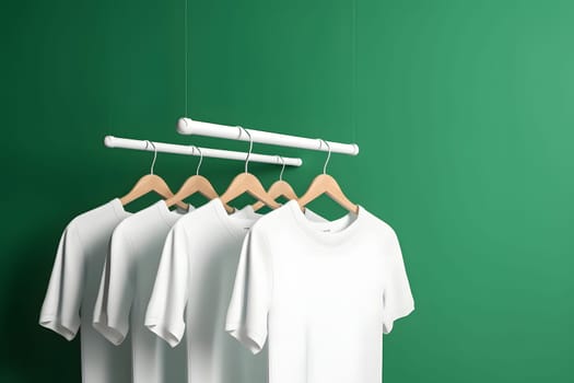Hangers with blank monocolor t-shirts on green background. Neural network generated in May 2023. Not based on any actual scene or pattern.