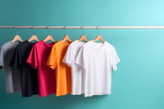 Hangers with blank monocolor t-shirts on turquoise background. Neural network generated in May 2023. Not based on any actual scene or pattern.