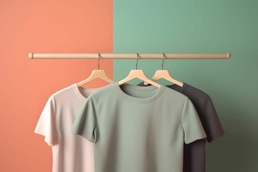 Hangers with blank monocolor t-shirts on orange and green background. Neural network generated in May 2023. Not based on any actual scene or pattern.