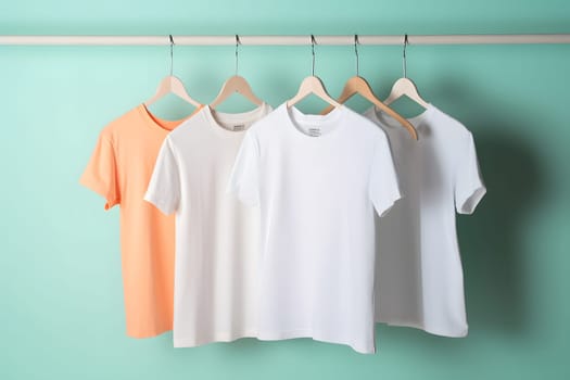 Hangers with blank monocolor t-shirts on turquoise background. Neural network generated in May 2023. Not based on any actual scene or pattern.