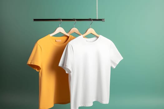 Hangers with blank monocolor t-shirts on green background. Neural network generated in May 2023. Not based on any actual scene or pattern.