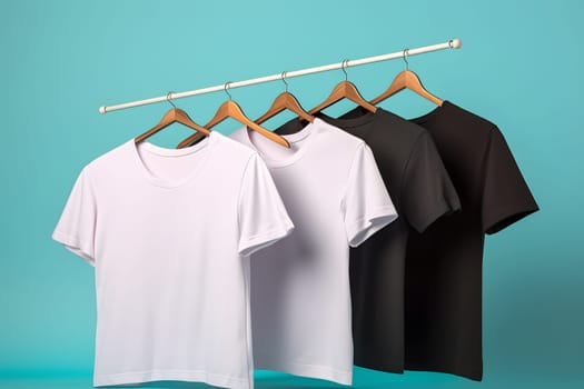 Hangers with blank monocolor t-shirts on turquoise background. Neural network generated in May 2023. Not based on any actual scene or pattern.