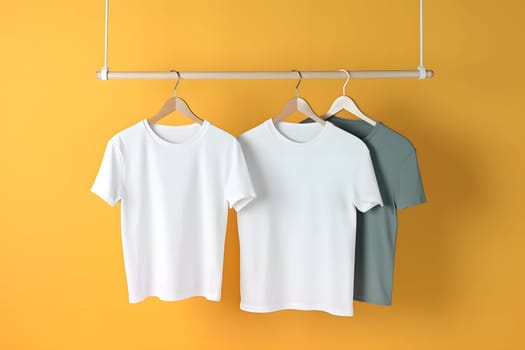 Hangers with blank monocolor t-shirts on yellow background. Neural network generated in May 2023. Not based on any actual scene or pattern.