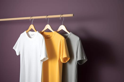 Hangers with blank monocolor t-shirts on purple background. Neural network generated in May 2023. Not based on any actual scene or pattern.