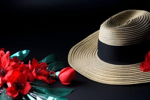 Holiday theme. Straw hat and flower on black background. Neural network generated in May 2023. Not based on any actual scene or pattern.